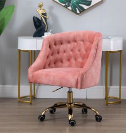 Pink Velvet Fabric Upholstered Tufted Office Chair Home Office Chair Gold Base