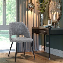 Set of 2 Grey Linen Fabric Dining Chairs Metal Legs