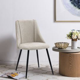 Set of 2 Beige Linen Fabric Dining Chairs Metal Legs