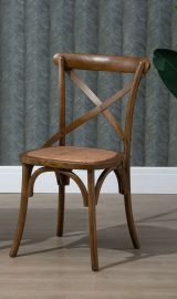 Set of 2 Cross Back Dining Chairs Walnut Rattan Seat