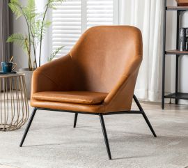 Tan PU Leather Armchair Lounge Chair Accent Retro Armchair Sled Metal Base