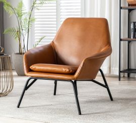 Tan PU Leather Armchair Accent Retro Armchair  Lounge Chair Sled Metal Base
