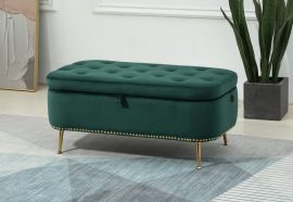Dark Green Fabric Storage Ottoman Tufted Box Chest Foot Stool Studs and Rings