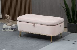 Pink Fabric Storage Ottoman Tufted Box Chest Foot Stool Studs and Rings