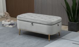 Light Grey Fabric Storage Ottoman Tufted Box Chest Foot Stool Studs and Rings