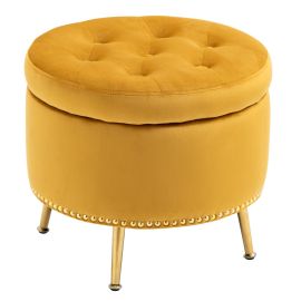 Small Mustard Yellow Fabric Storage Ottoman Tufted Foot Stool Studs and Rings