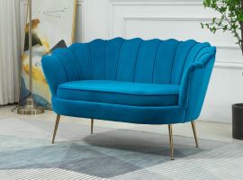 Two Seater Shell Armchair Velvet Light Blue Lounge Chair Accent Gold Legs 