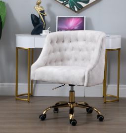 Beige Velvet Fabric Upholstered Tufted Office Chair Home Office Chair Gold Base