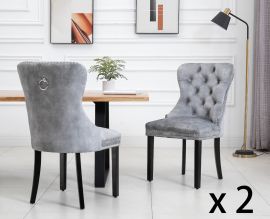 Set of 2 Fabric Dining Chairs Upholstered Tufted Back Studs Silver