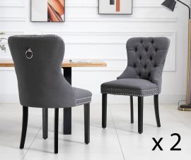Set of 2 Fabric Dining Chairs Upholstered Tufted Back Studs Dark Grey