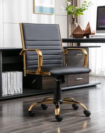 Black PU Leather Upholstered Office Chair Home Office Chair Gold Base