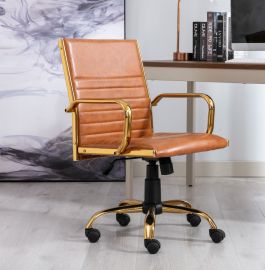 Tan PU Leather Upholstered Office Chair Home Office Chair Chrome Base