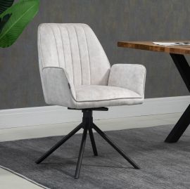 2 X Beige Linen Fabric Upholstered Swivel Dining Arm Chairs Metal Legs