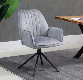 2 X Silver Grey Linen Fabric Upholstered Swivel Dining Arm Chairs Metal Legs