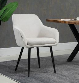 2 X Beige Fabric Linen Upholstered Dining Chairs Metal Legs