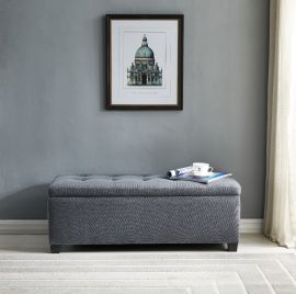 Tufted Linen Storage Ottoman Dark Grey