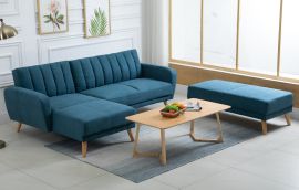 Blue Fabric L-Shape 5 Seater Sofa Bed Lounge Suite with Chaise and Ottoman