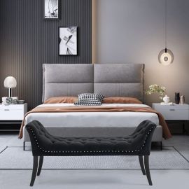 Black Ottoman Linen Tufted Fabric Foot Stool Bench Seat with Studs and Rings