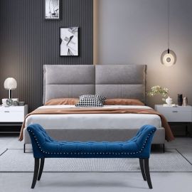 Blue Ottoman Linen Tufted Fabric Foot Stool Bench Seat with Studs and Rings