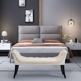 Beige Ottoman Linen Tufted Fabric Foot Stool Bench Seat with Studs and Rings