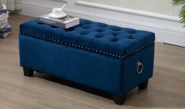 Blue Fabric Storage Ottoman Tufted Blanket Box Chest Foot Stool Studs and Rings