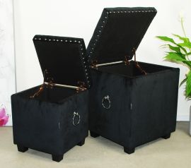 Set of 2 Cubix Black Fabric Storage Ottoman Tufted Foot Stool Studs and Rings