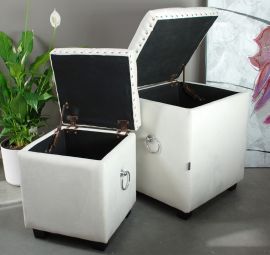 Set of 2 Cubix Beige Fabric Storage Ottoman Tufted Foot Stool Studs and Rings